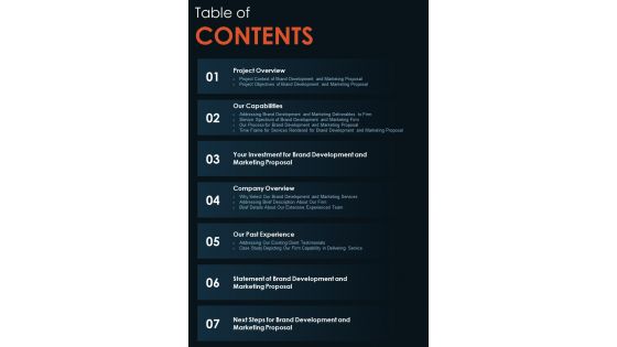 Building Brand And Marketing Proposal Table Of Contents One Pager Sample Example Document