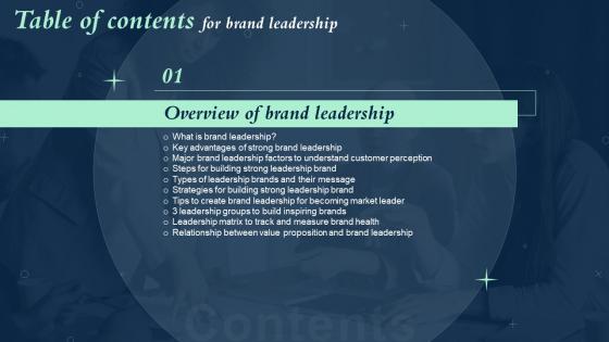 Building Brand Leadership Strategy Table Of Contents Ppt Powerpoint Presentation File Aids