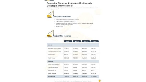Building Construction Determine Financial Assessment For Property One Pager Sample Example Document