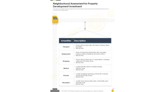 Building Construction Neighborhood Assessment For Development One Pager Sample Example Document