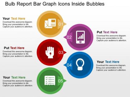 Bulb report bar graph icons inside bubbles flat powerpoint design