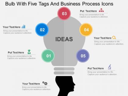 Bulb with five tags and business process icons flat powerpoint design