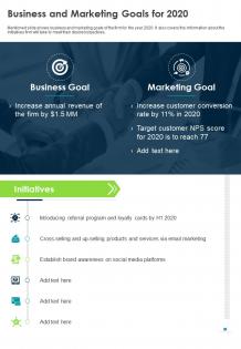 Business and marketing goals for 2020 presentation report infographic ppt pdf document