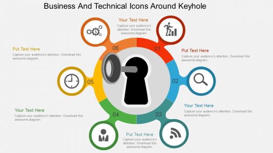 Business and technical icons around keyhole flat powerpoint design
