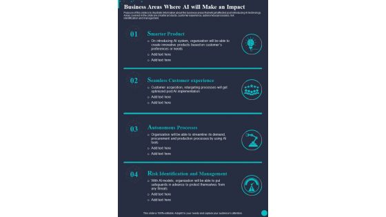 Business Areas Where AI Will Make An Impact One Pager Sample Example Document