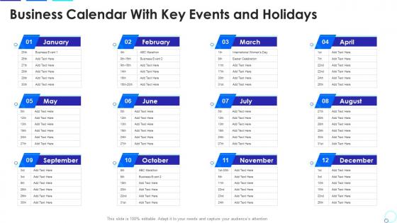 Business calendar with key events and holidays