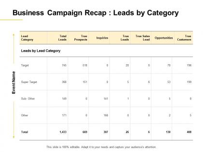 Business campaign recap leads by category ppt powerpoint presentation examples