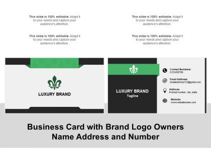 Business card with brand logo owners name address and number