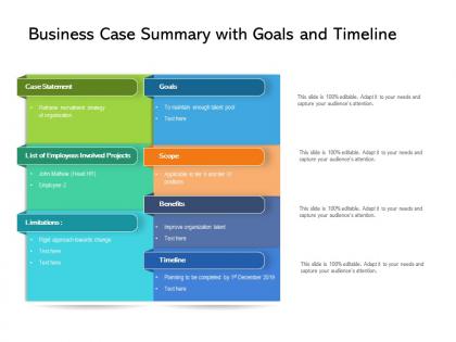Business case summary with goals and timeline