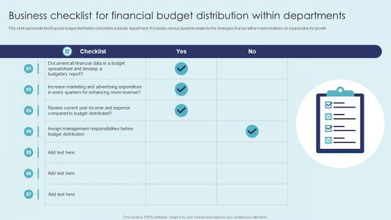 Business Checklist For Financial Budget Distribution Within Departments