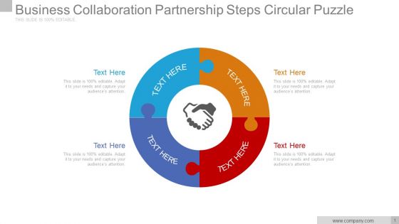 Business collaboration partnership steps circular puzzle ppt slide