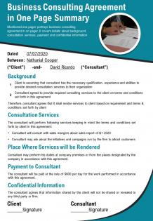Business consulting agreement in one page summary presentation report infographic ppt pdf document
