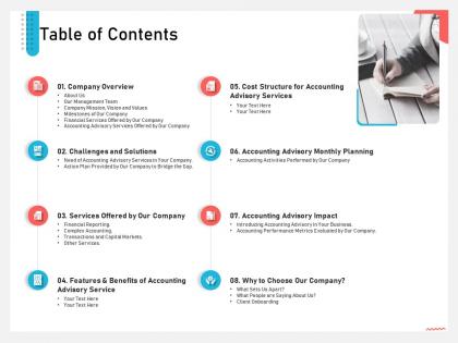 Business consulting and advisory services table of contents team ppt tips