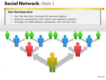 Business consulting social network colorful 3d men arrows connection network powerpoint slide template