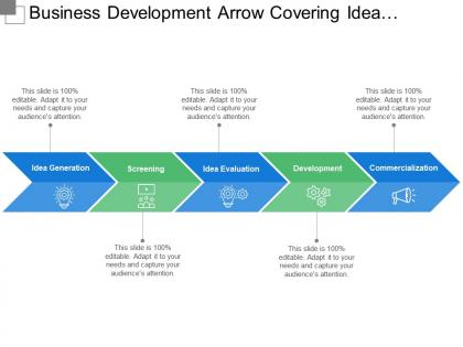 Business development arrow covering idea generation evaluation