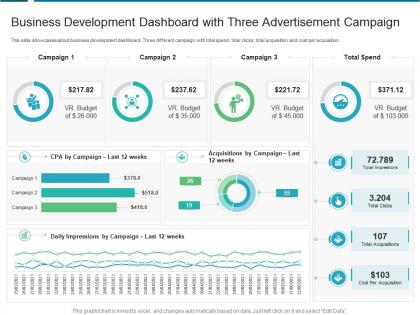 Business development dashboard with three advertisement campaign