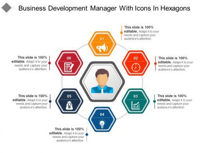 Business development manager with icons in hexagons