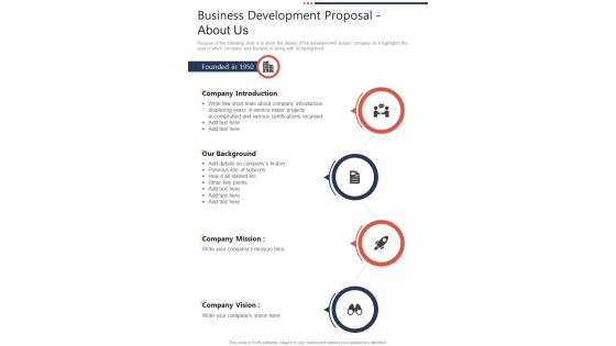 Business Development Proposal About Us One Pager Sample Example Document