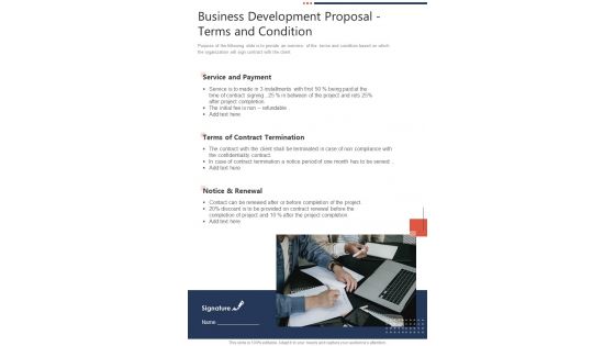 Business Development Proposal Terms And Condition One Pager Sample Example Document