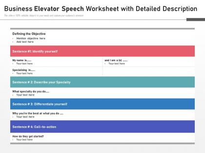 Business elevator speech worksheet with detailed description