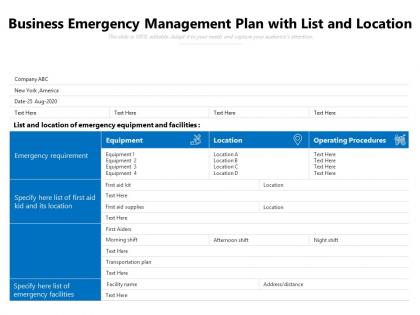 Business emergency management plan with list and location
