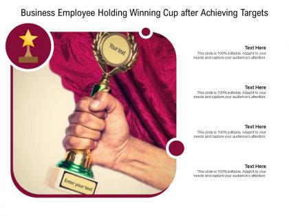 Business employee holding winning cup after achieving targets