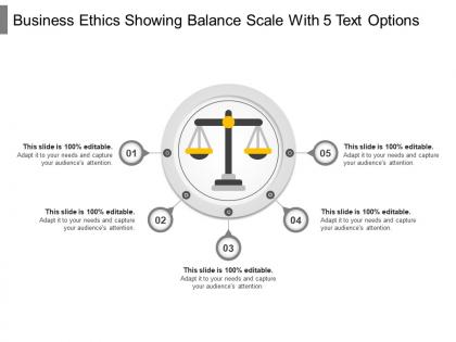 Business ethics showing balance scale with 5 text options