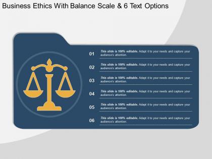 Business ethics with balance scale and 6 text options