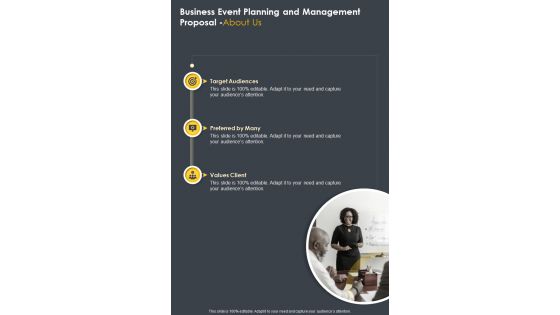 Business Event Planning And Management About Us One Pager Sample Example Document