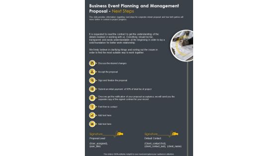 Business Event Planning And Management Next Steps One Pager Sample Example Document