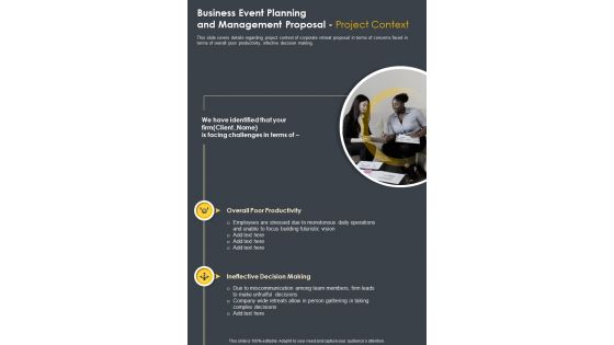 Business Event Planning And Management Project Context One Pager Sample Example Document