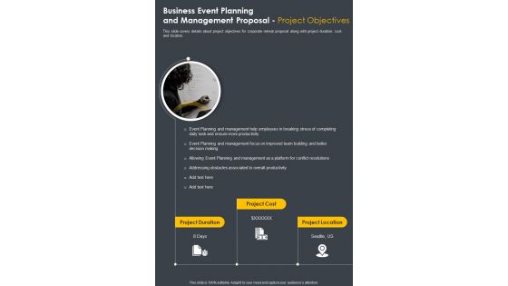 Business Event Planning And Management Project Objectives One Pager Sample Example Document