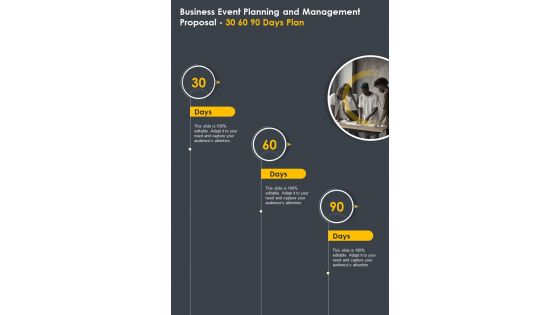 Business Event Planning Management 30 60 90 Days Plan One Pager Sample Example Document