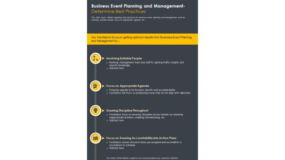Business Event Planning Management Determine Best Practices One Pager Sample Example Document