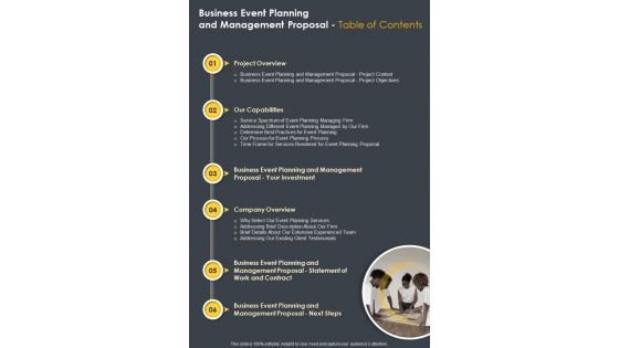 Business Event Planning Management Table Of Contents One Pager Sample Example Document