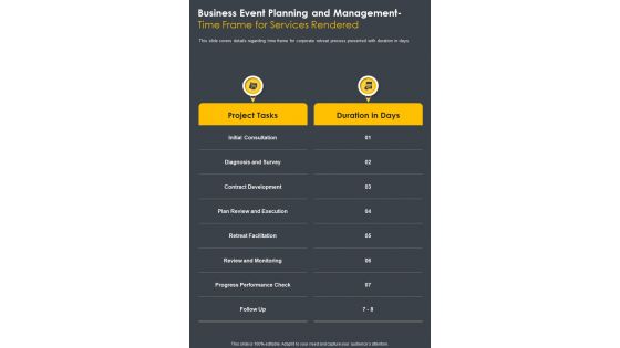 Business Event Planning Management Time Frame For Services One Pager Sample Example Document
