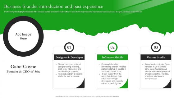 Business Founder Introduction And Past Experience Stix Startup Funding Pitch Deck