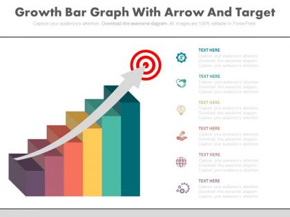 Business growth bar graph with arrow and target board powerpoint slides
