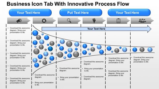 Business icon tab with innovative process flow powerpoint template slide