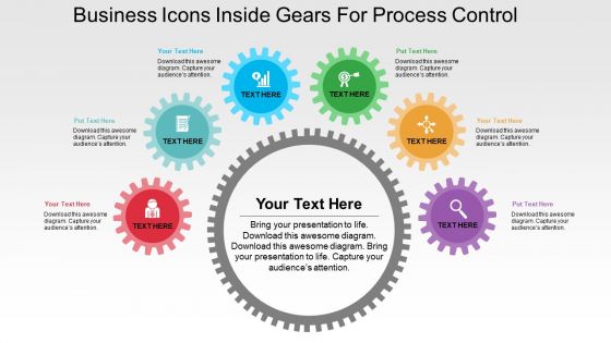 Business icons inside gears for process control flat powerpoint design