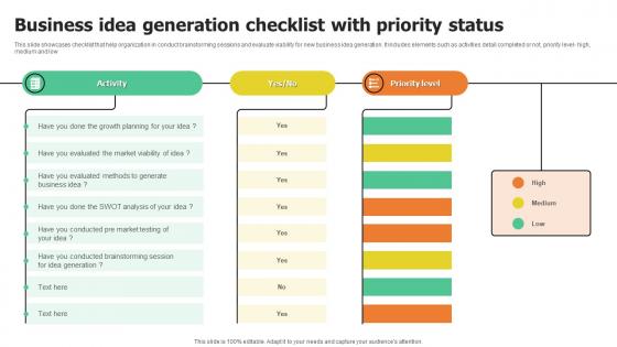 Business Idea Generation Checklist With Priority Status