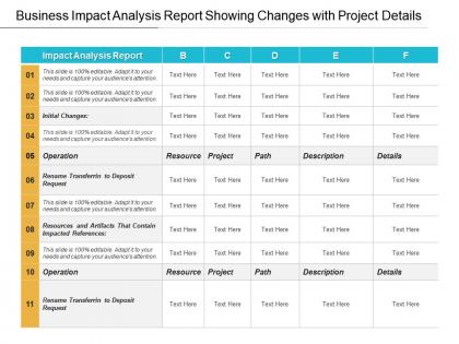 Business impact analysis report showing changes with project details