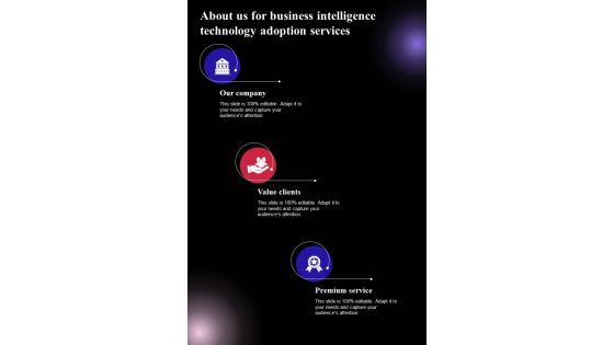 Business Intelligence Technology Adoption Services For About Us One Pager Sample Example Document