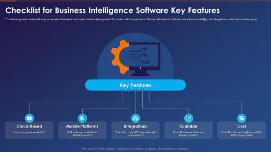 Business Intelligence Transformation Toolkit Checklist For Business Intelligence Software Key Features