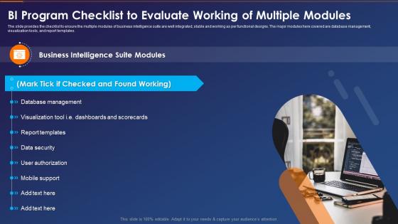 Business Intelligence Transformation Toolkit Program Checklist To Evaluate Working Of Multiple Modules