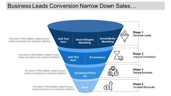 Business leads conversion narrow down sales funnel with icons