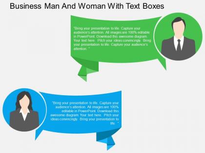 Business man and woman with text boxes flat powerpoint design
