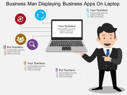 Business man displaying business apps on laptop flat powerpoint design