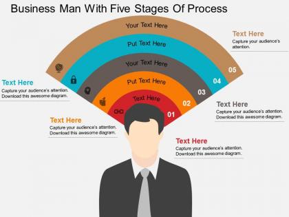 Business man with five stages of process flat powerpoint design