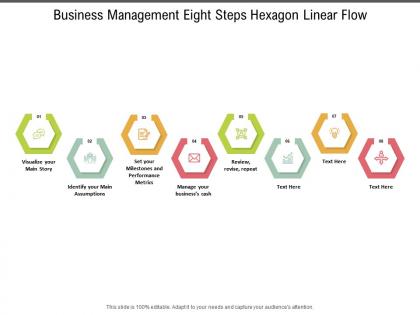 Business management eight steps hexagon linear flow